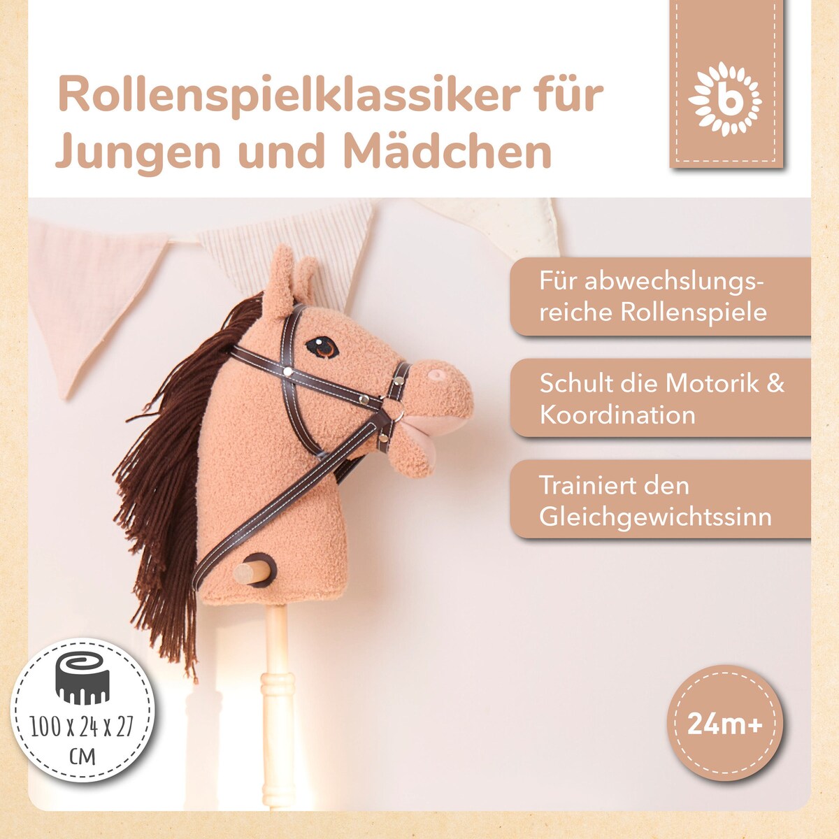 Kjepphest Hazel i tre for barn bakside med hjul