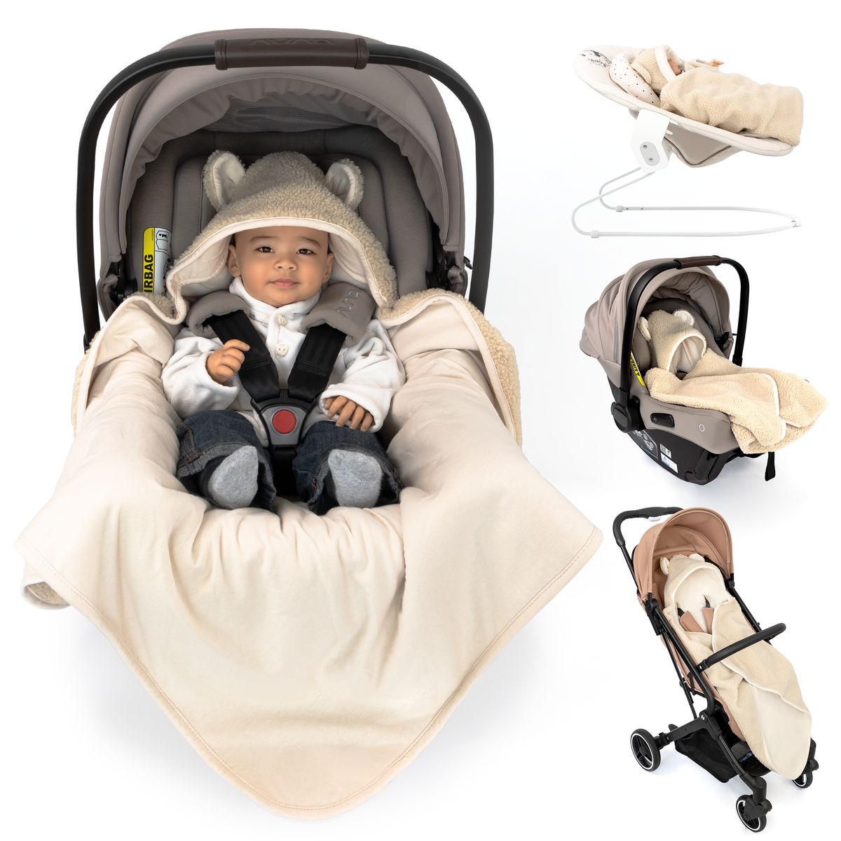 Kjørepose Teddy til babystol med hette, bomullsjersey, beige fra Zamboo