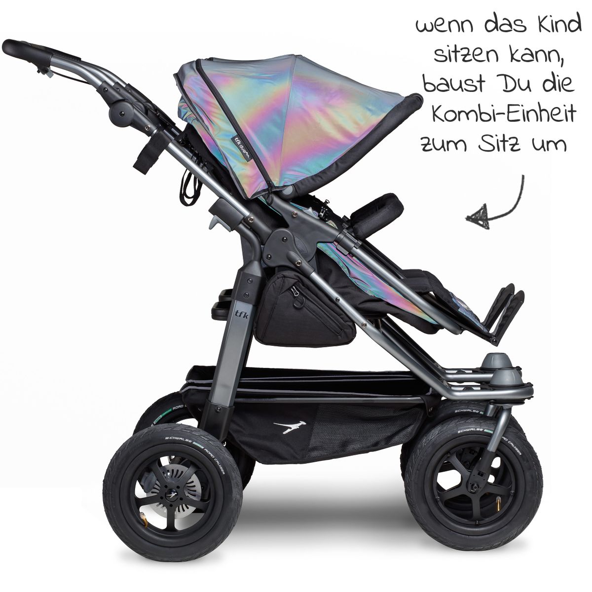 Kombienhet bærebag og sete til Duo, Glow in the Dark montert på Duo barnevogn
