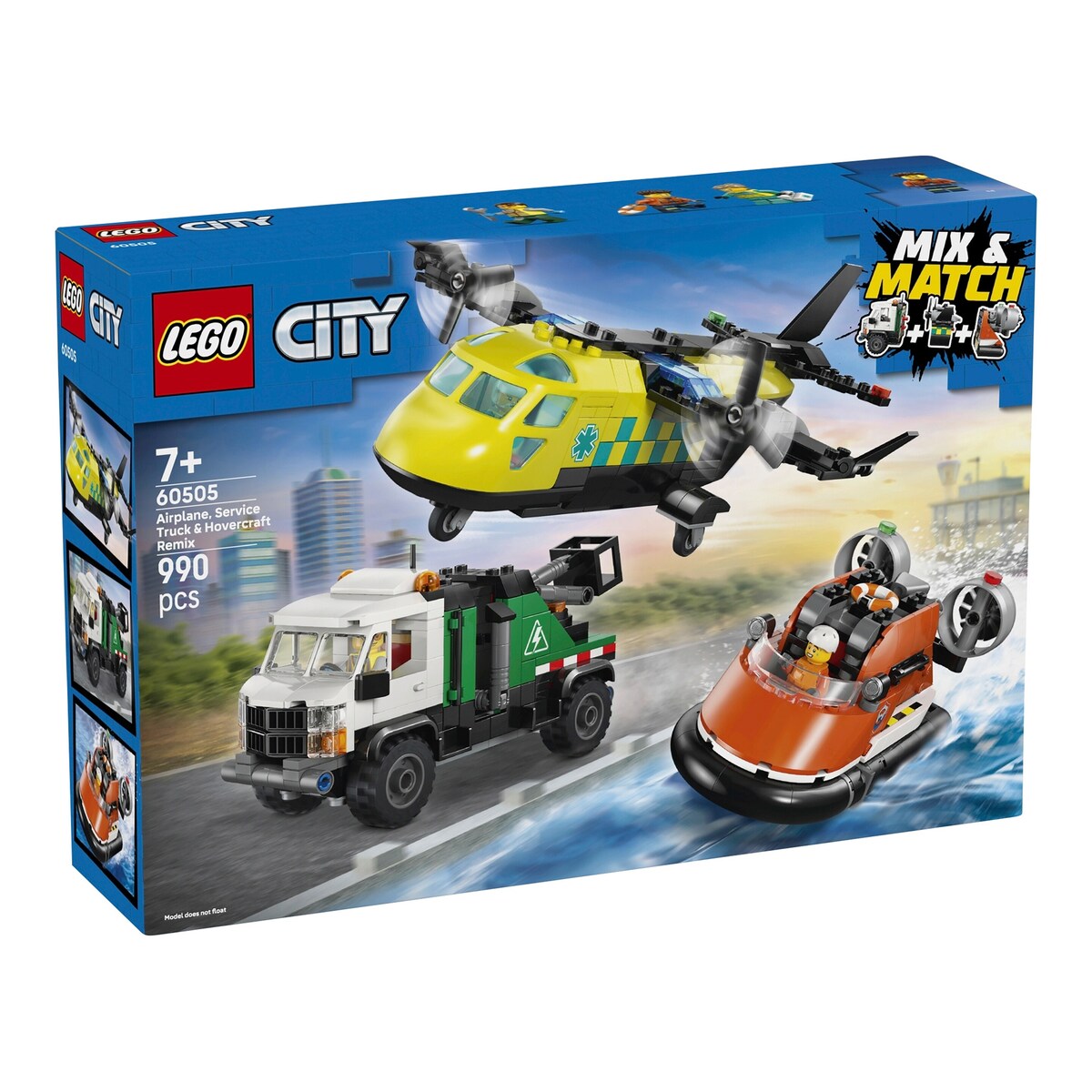 Kombinasjonssett med fly, servicekjøretøy og luftputebåt 60505 - LEGO City forfra