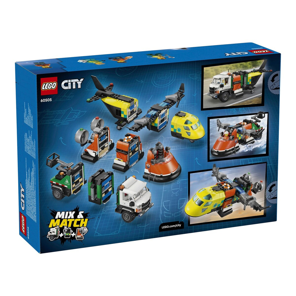 Nærbilde av minifigurer i Kombinasjonssett med fly, servicekjøretøy og luftputebåt 60505 - LEGO City