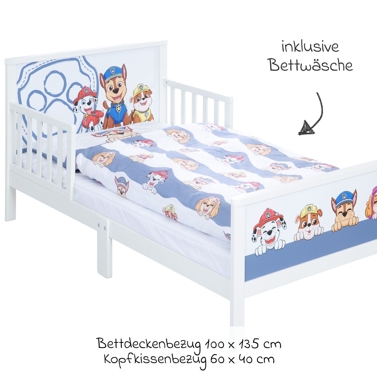 komplett barneseng med sengebunn og sengetoy paw patrol roba montert i barnerom