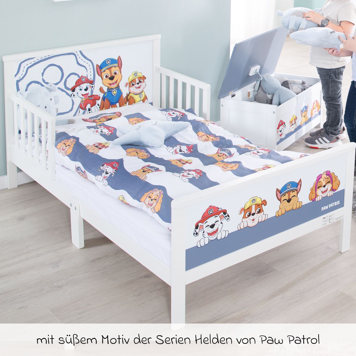 komplett barneseng med sengebunn og sengetoy paw patrol roba nærbilde av paw patrol motiv