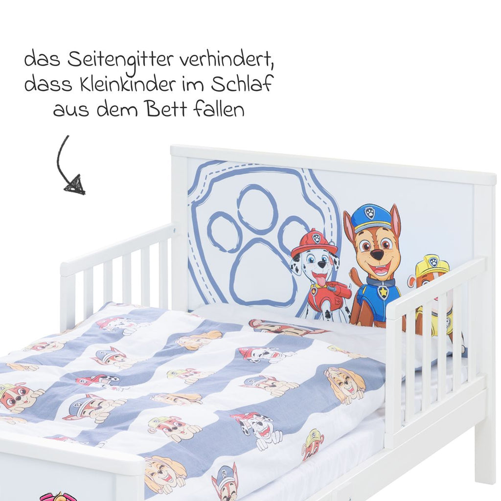 komplett barneseng med sengebunn og sengetoy paw patrol roba detalj av sidegitter