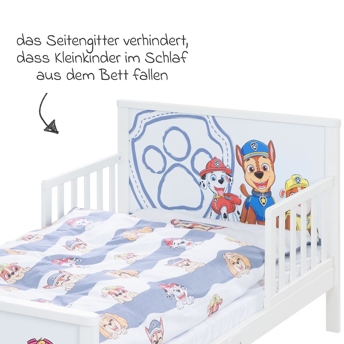 komplett barneseng med sengebunn og sengetoy paw patrol roba detalj av sidegitter