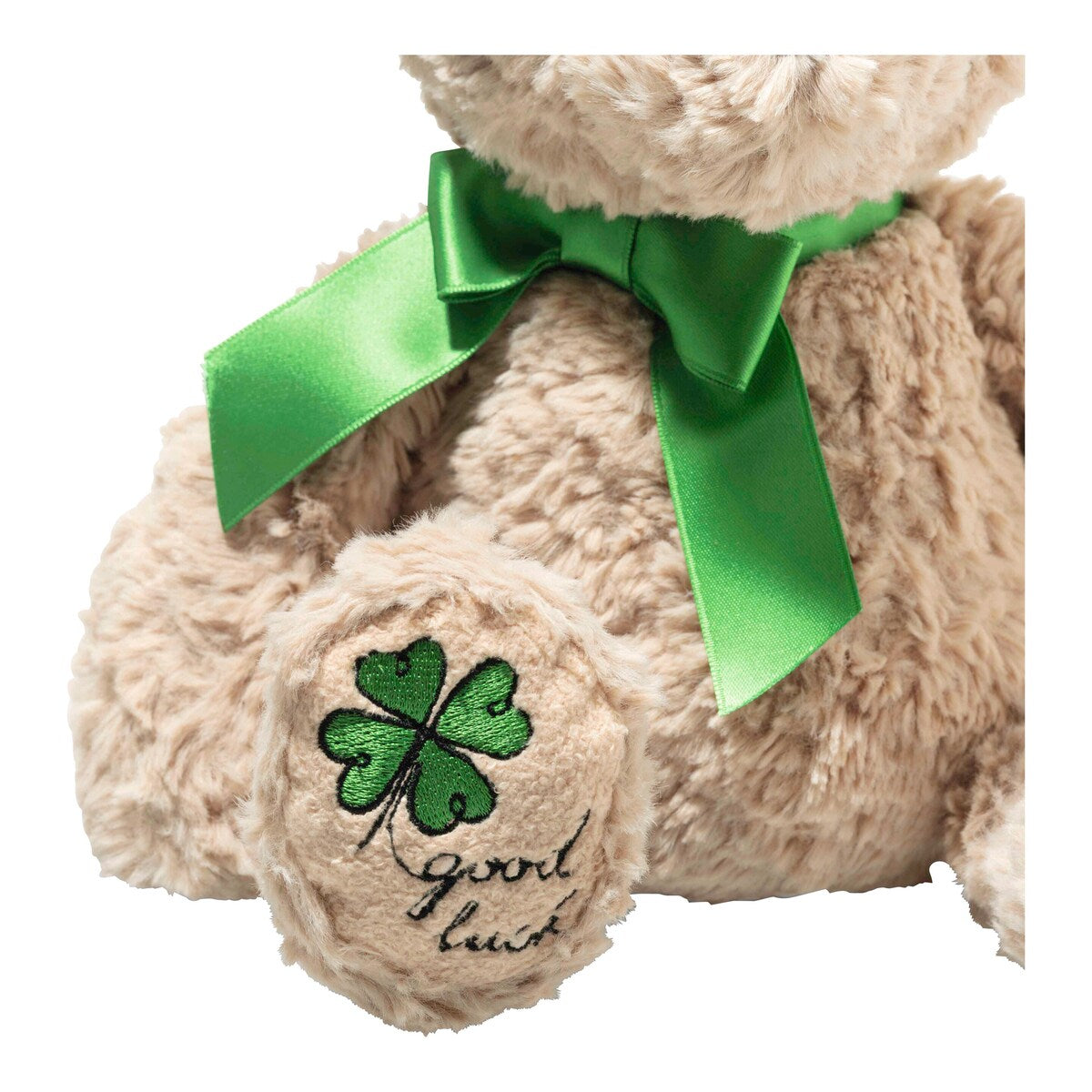 Detalj av sløyfe og broderi på Kosedyr Jimmy Teddy Good Luck 30 cm