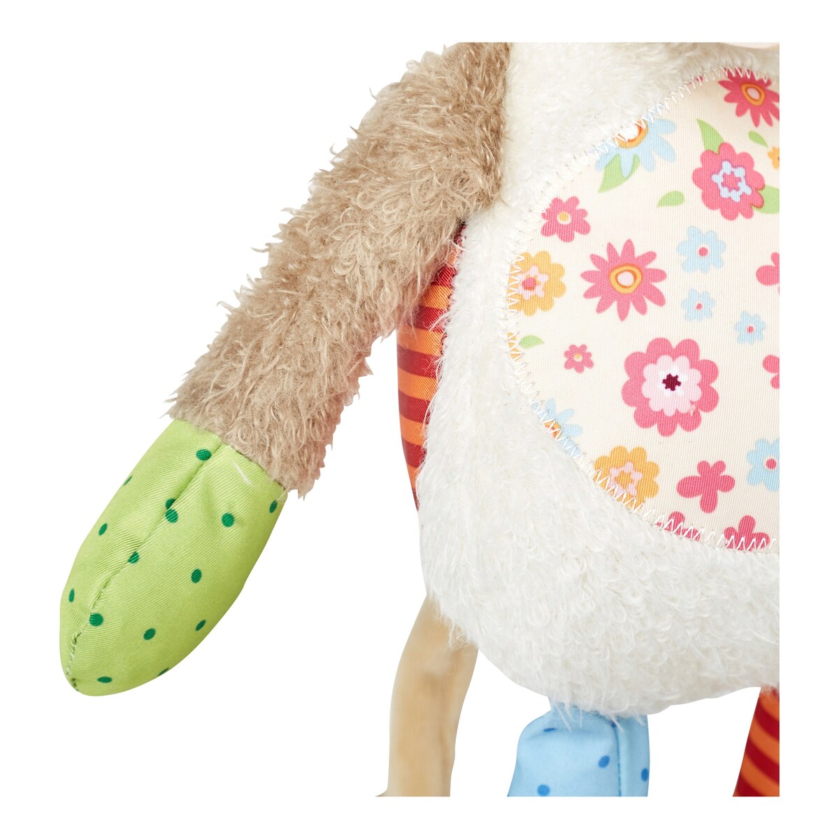 Nærbilde av myk mikroplysj på kosedyr ku Patchwork Sweety 30 cm i plysj
