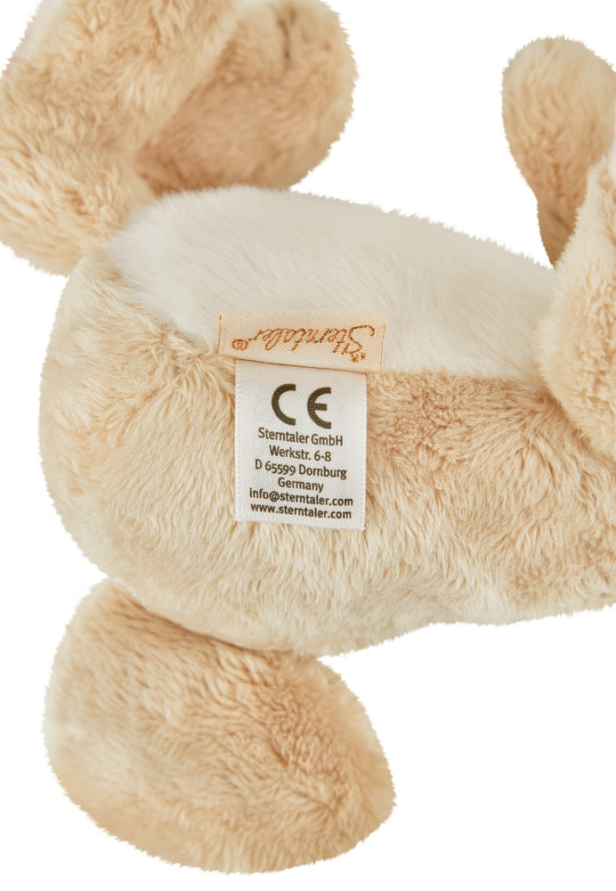 Nærbilde av materiale på kosedyr M Hanni med rangle 24 cm polyester