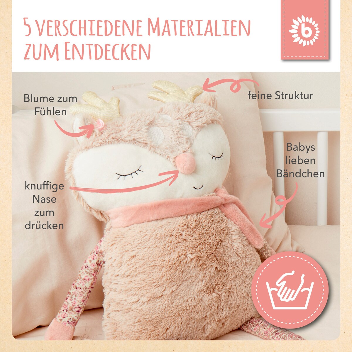 Kosedyr rådyr stort polyester 55 cm detalj av stoff