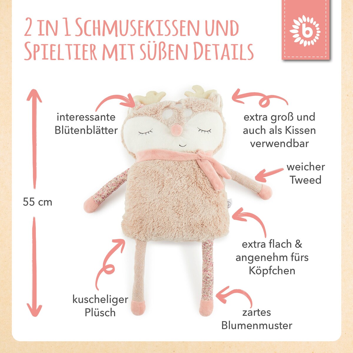 Kosedyr rådyr stort polyester 55 cm montert i barneseng