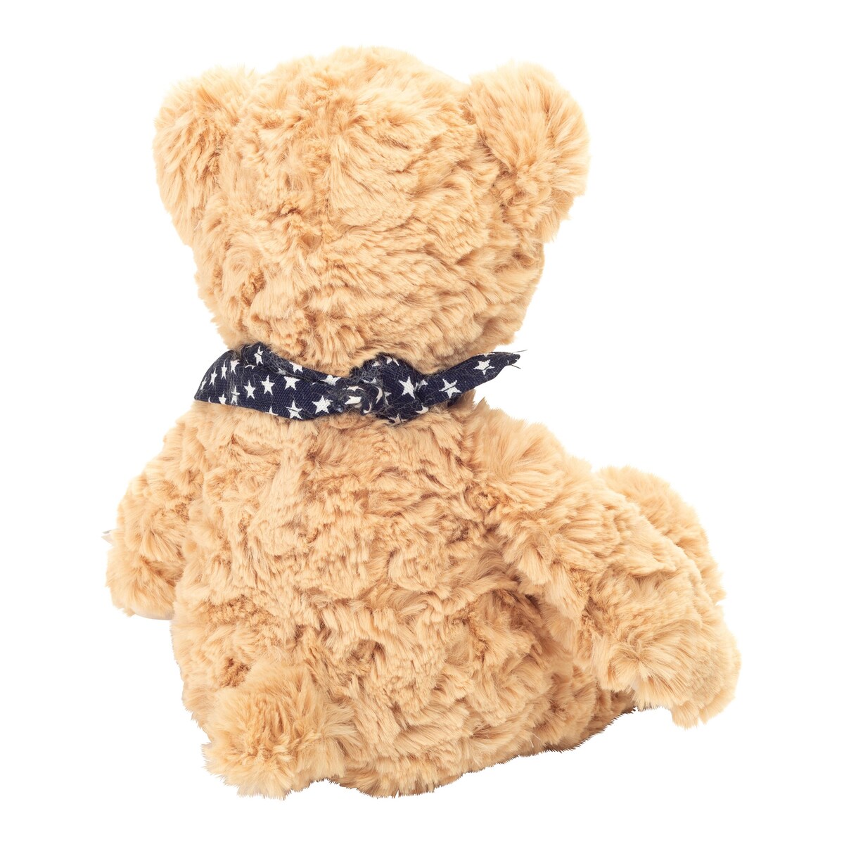 Nærbilde av mykt materiale på kosedyr teddybjørn med skjerf 30 cm
