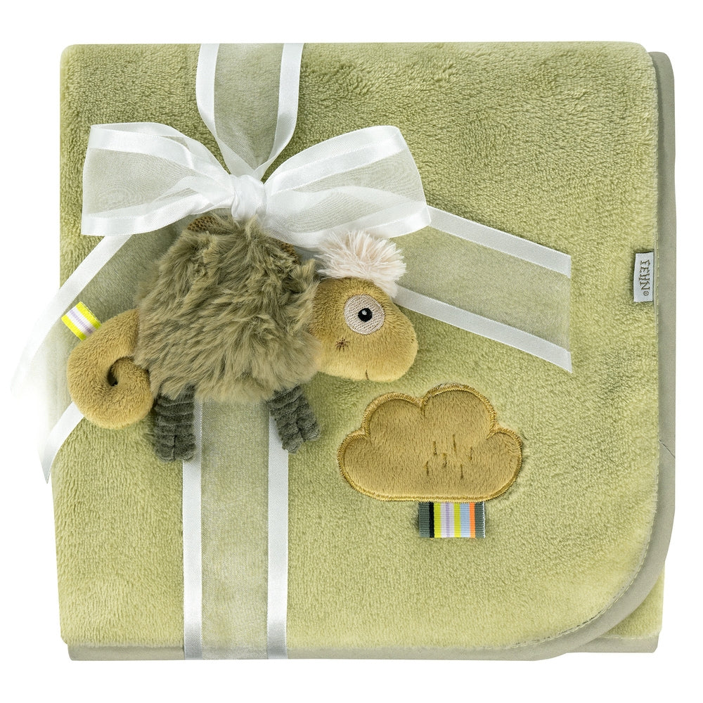 Koseteppe med kameleon-applikasjon for baby Fehn forfra