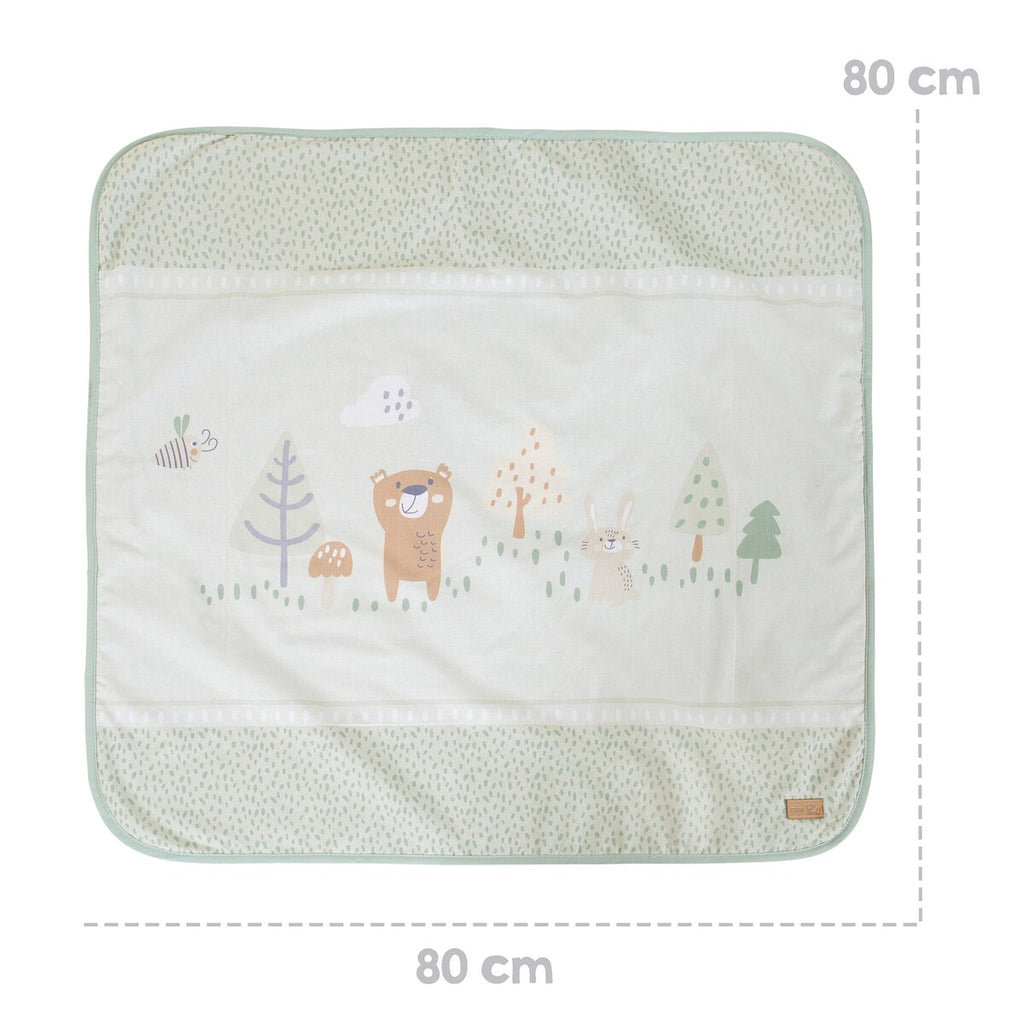 Koseteppe Woodland Buddies 80x80 cm bomull og fleece i bruk