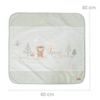 Koseteppe Woodland Buddies 80x80 cm bomull og fleece i bruk