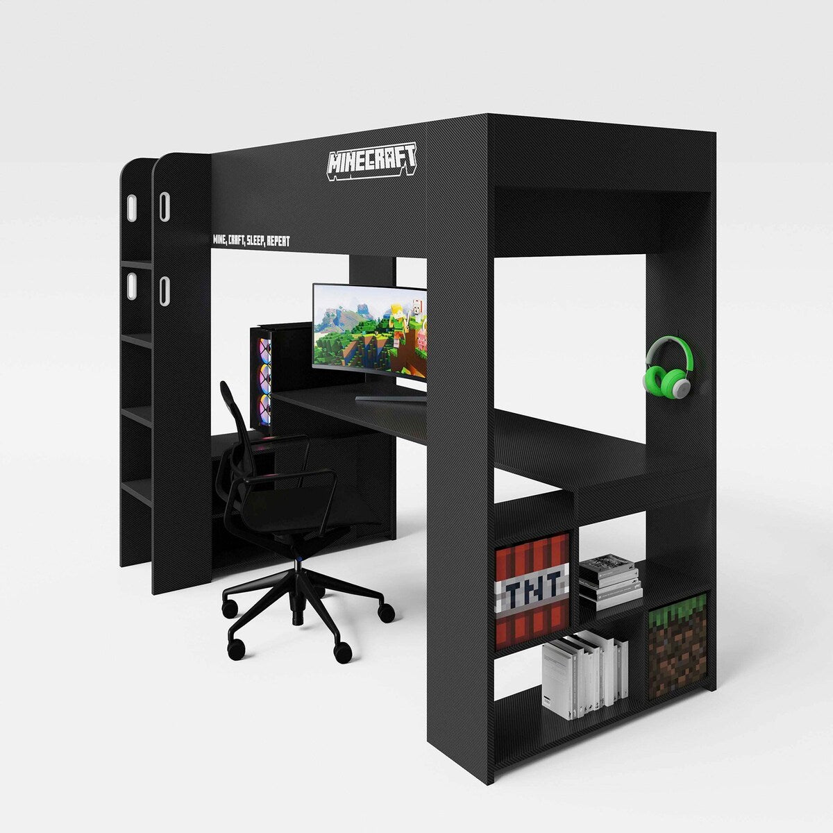 Nærbilde av stige på køyeseng 90x200 cm Minecraft gaming svart karbonlook