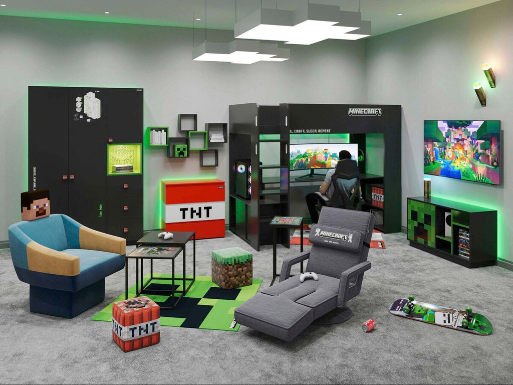 Køyeseng 90x200 cm Minecraft gaming svart karbonlook med oppbevaringshyller