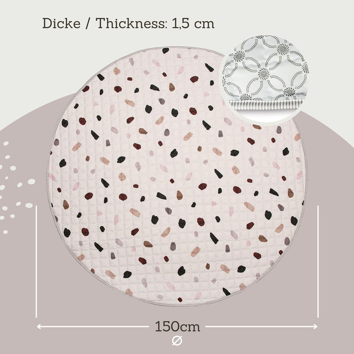 Krablematte XXL quiltet Ø150 cm med gummiknotter montert i rom