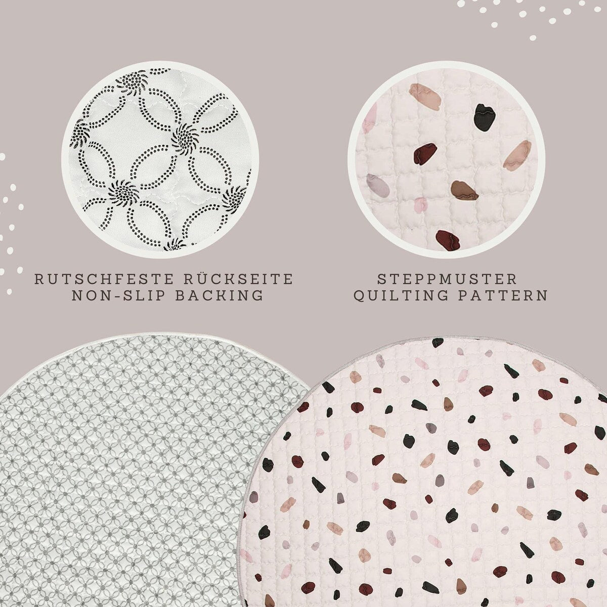 Nærbilde av quiltet overflate på Krablematte XXL quiltet Ø150 cm med gummiknotter