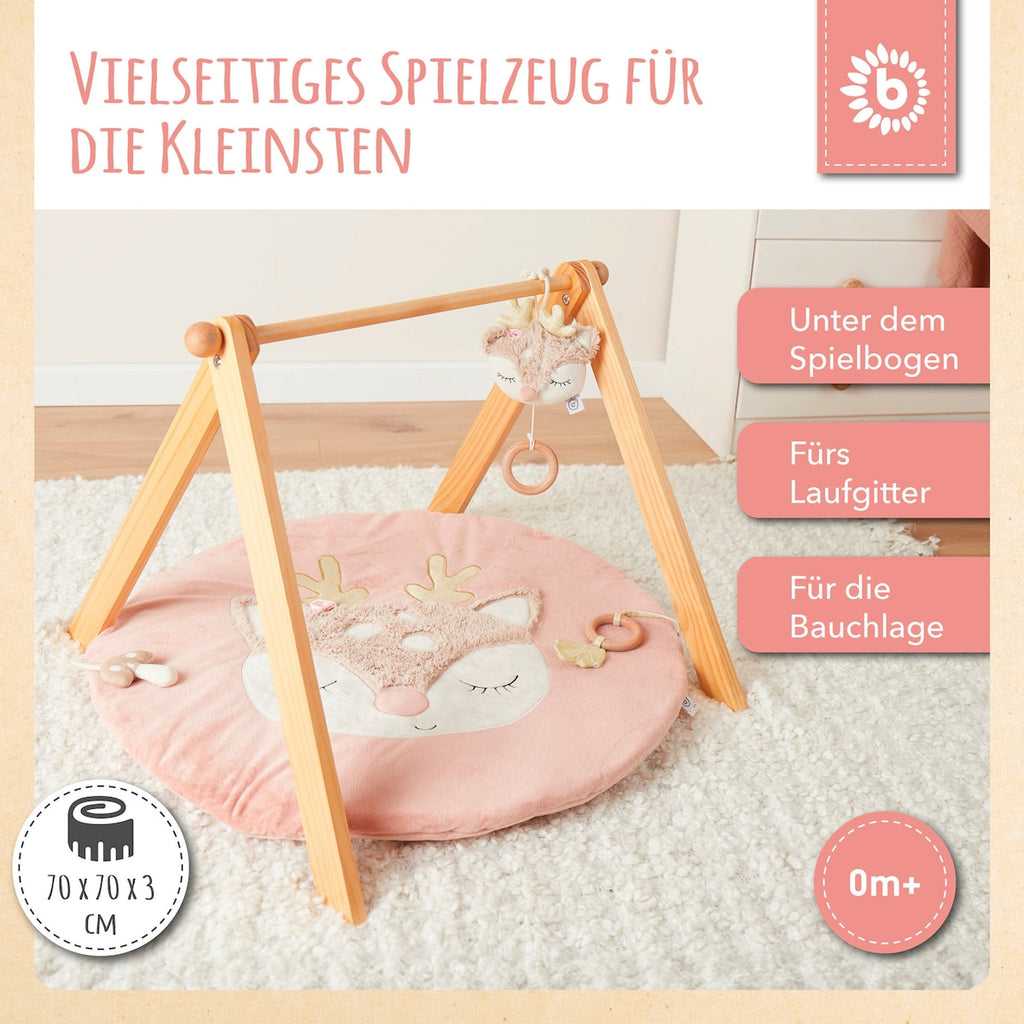 Krableteppe med aktivitetselementer rådyr rosa 70x70 cm bakside