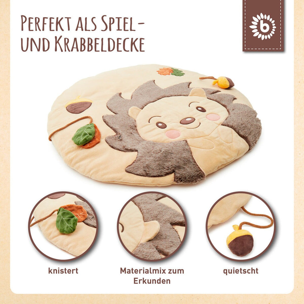Krableteppe med aktivitetselementer pinnsvin beige sammenrullet