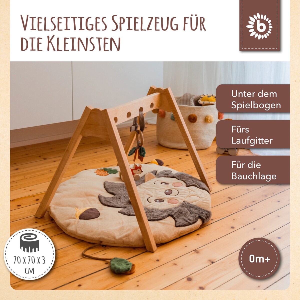 Krableteppe med aktivitetselementer pinnsvin beige bakside