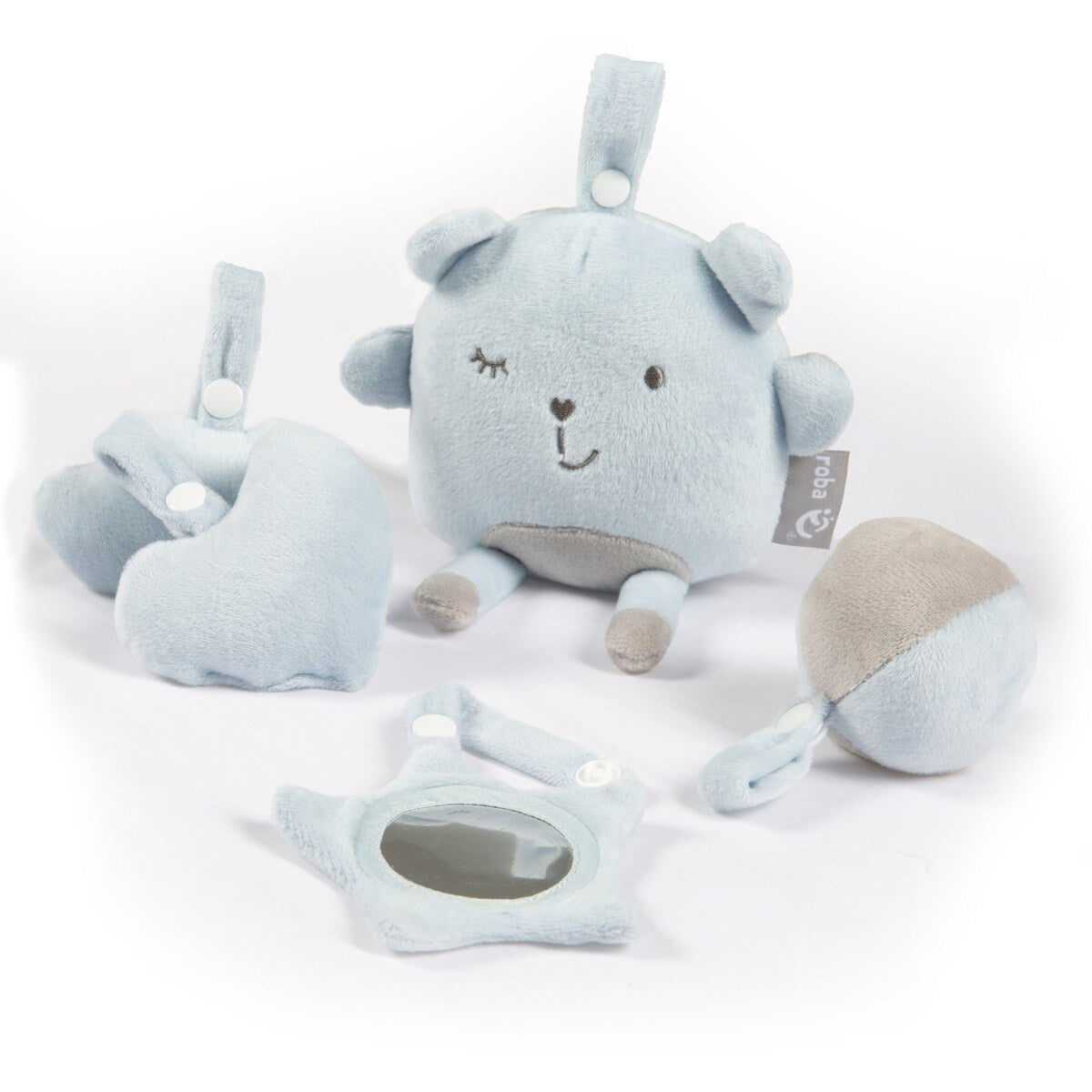 Bakside av krableteppe med babygym turkis 5 lekeelementer