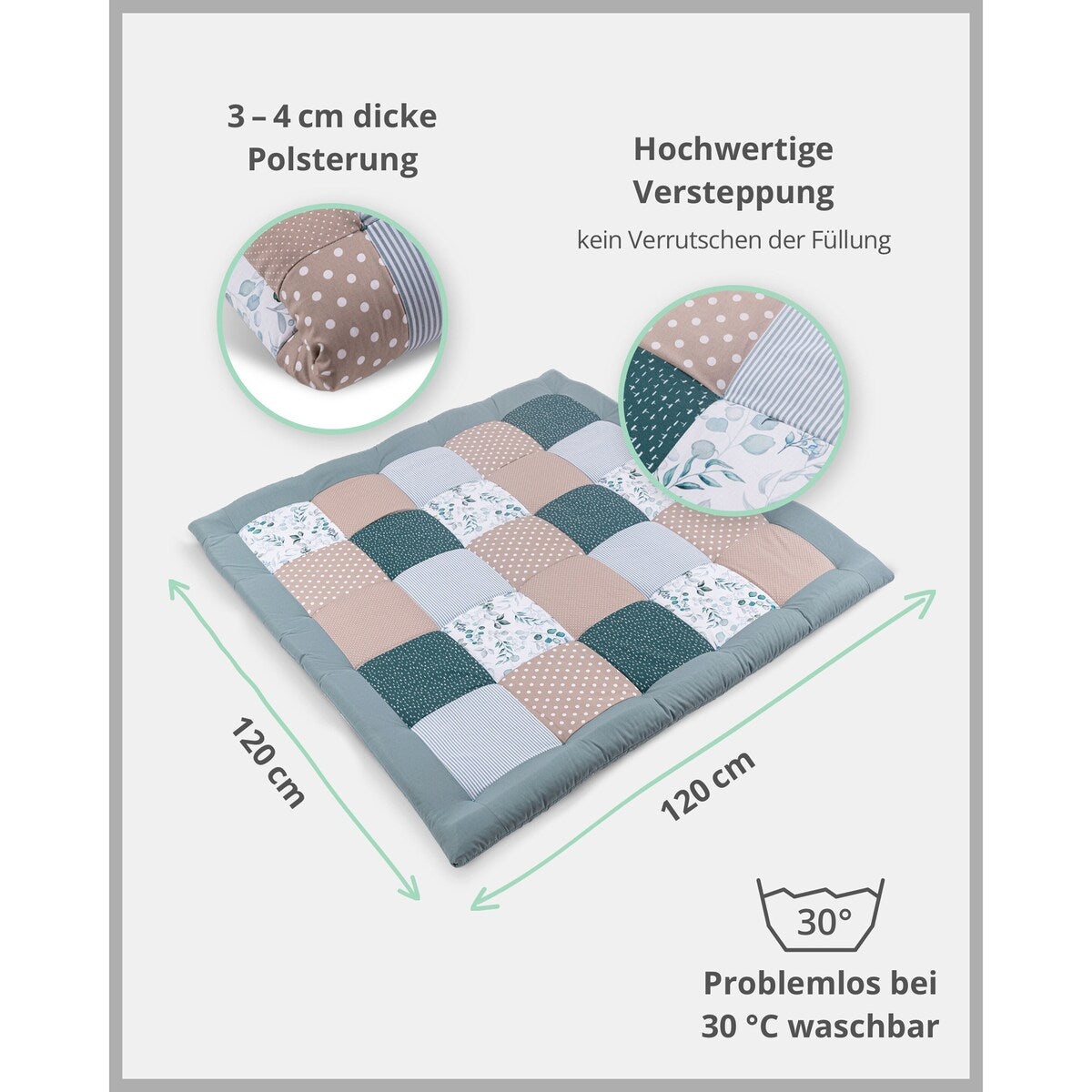 Krableteppe og lekegrindinnlegg 120x120 cm bomull pakking og merking