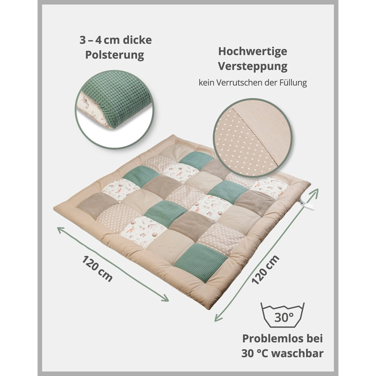 Nærbilde av skogsdyrmotiv på Krableteppe og lekegrindinnlegg 120x120 cm vaffelpiqué