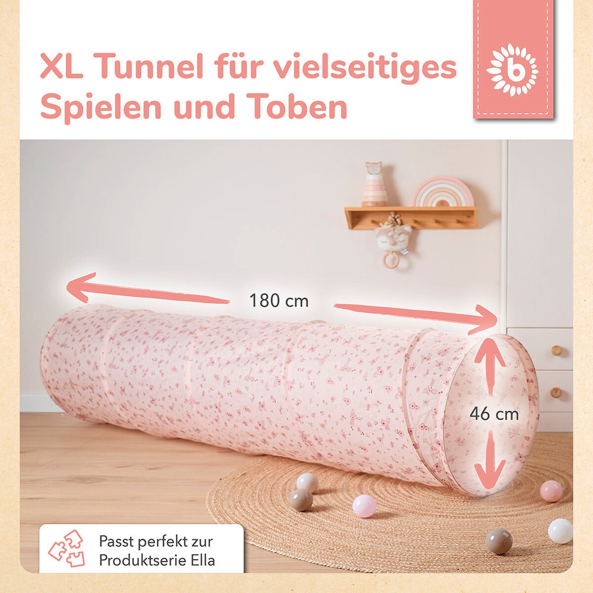 Montert Krabletunnel XXL Dreamy Flowers polyester 46x180 cm i lekemiljø