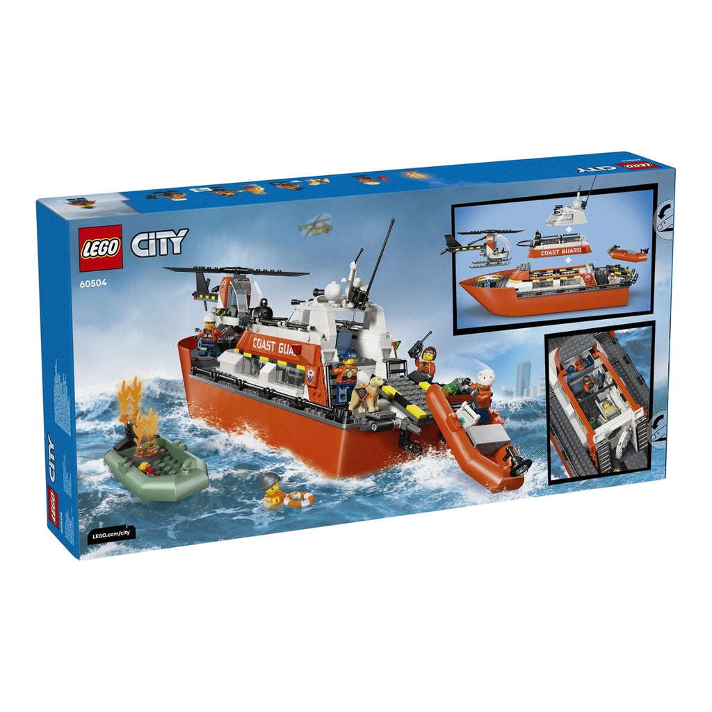 Nærbilde av minifigurer i Kystvaktens redningsbåt med helikopter 60504