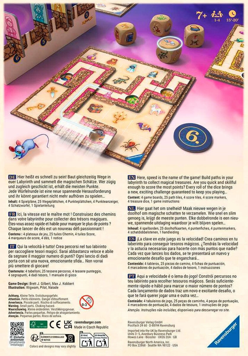 Labyrinth GO! terningspill bakside med spillkomponenter
