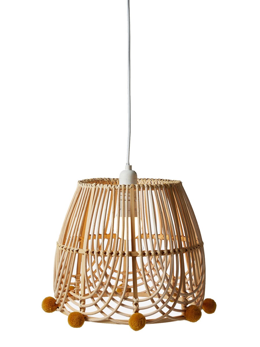 Lampeskjerm i rotting BOHO med pomponger detaljbilde