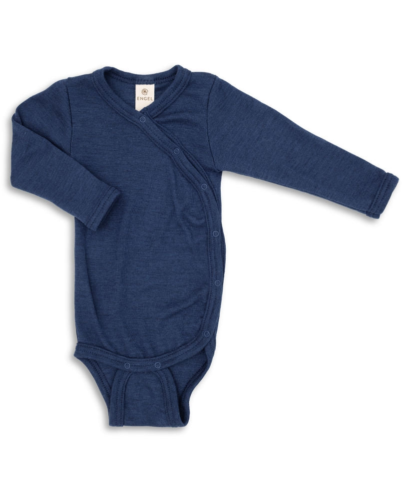 Langermet body i merinoull silke GOTS str 50 56 marine Engel forfra