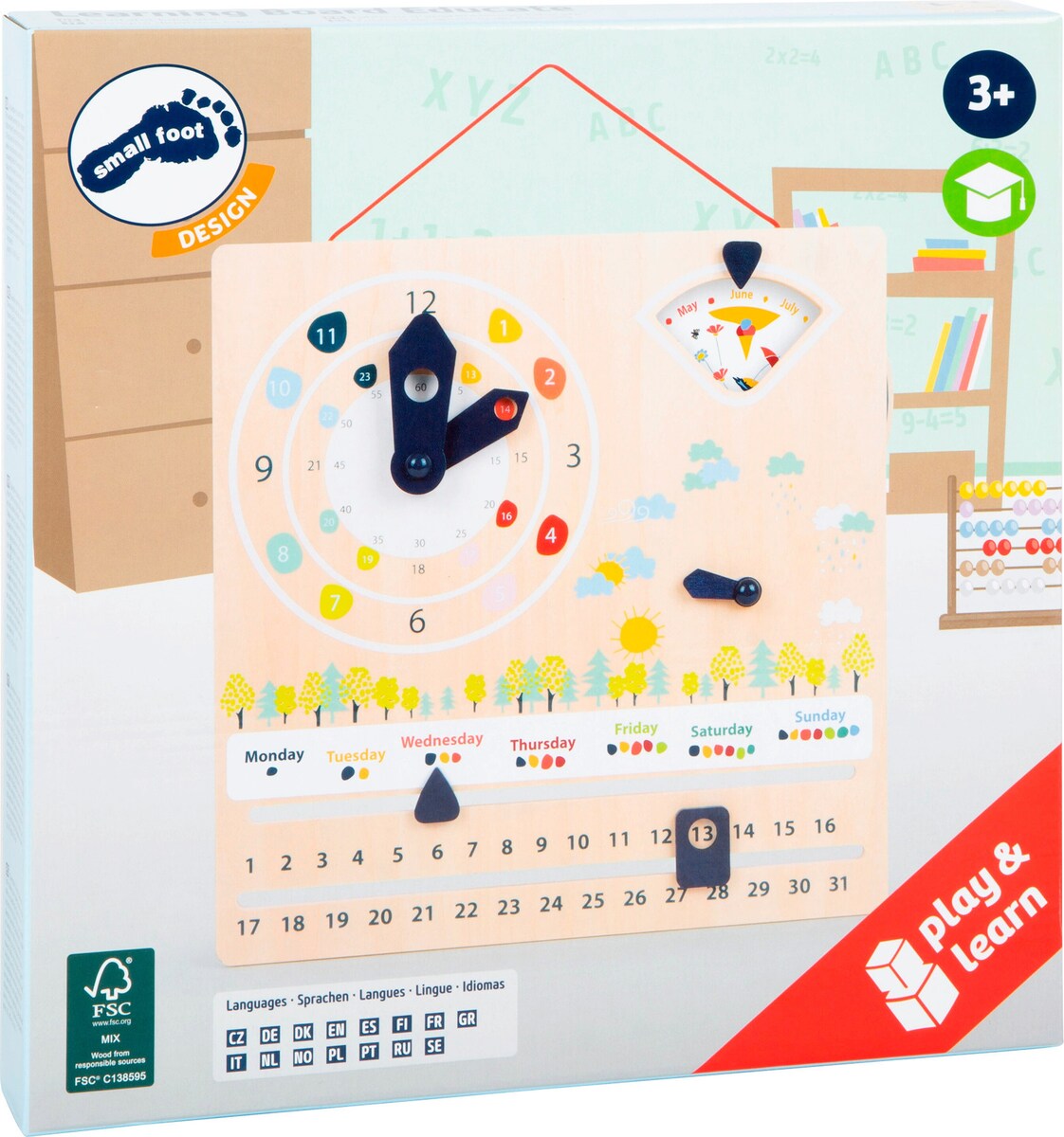 Montert Læreklokke med kalender Educate i tre FSC® på vegg