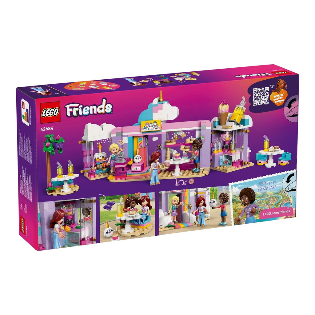 Nærbilde av LEGO® Friends enhjørning-drømmekafé 42684 med dekorative elementer