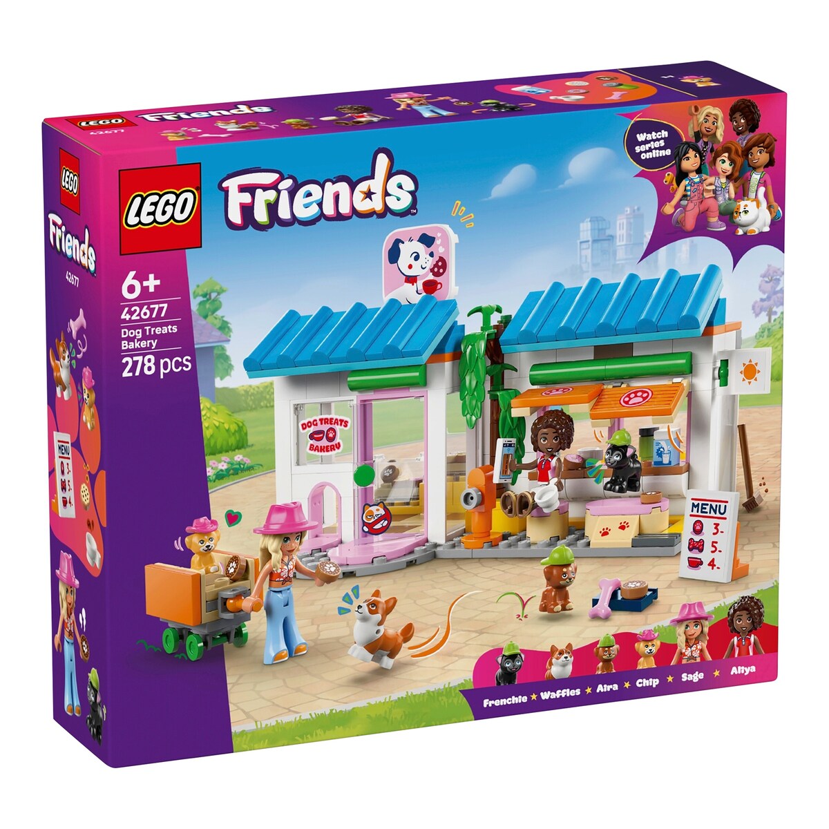 LEGO® Friends hundekjeksbakeri 42677 forfra med figurer og tilbehør