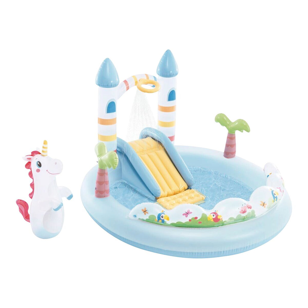 Lekebasseng Unicorn Castle med rutsjebane og sprut forfra