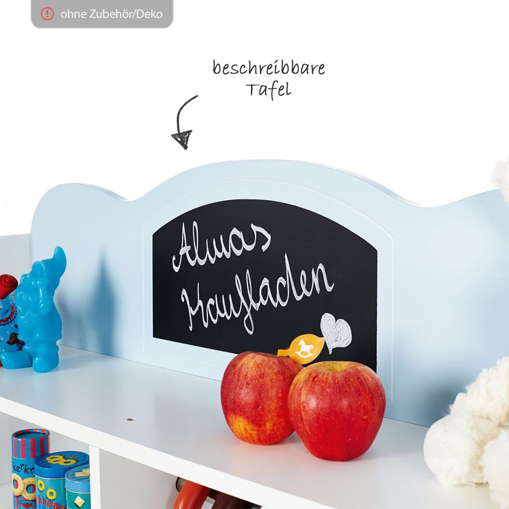 Bakside av Lekebutikk Alma i MDF med tavle hvit