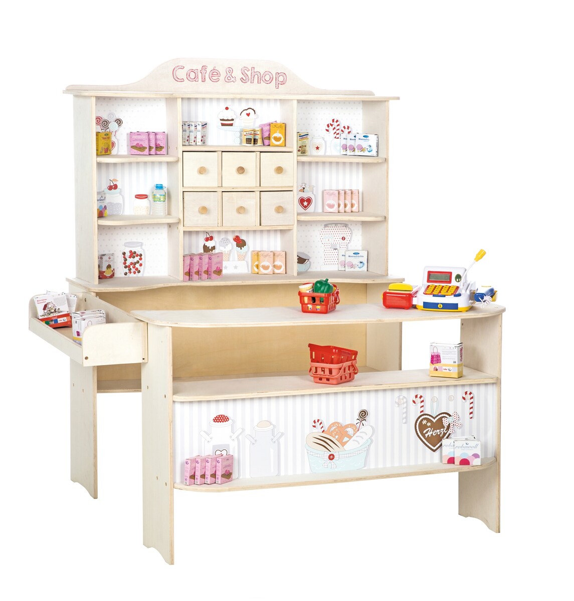 Lekebutikk Café & Shop i tre med tilbehør fra roba for rollespill