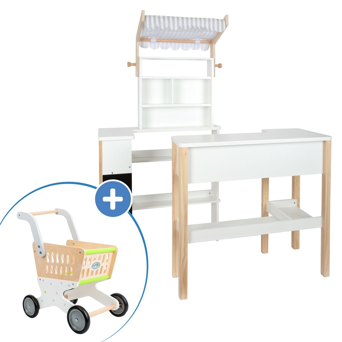 Lekebutikk i tre med handlevogn, Fresh - small foot sett for kreativ lek