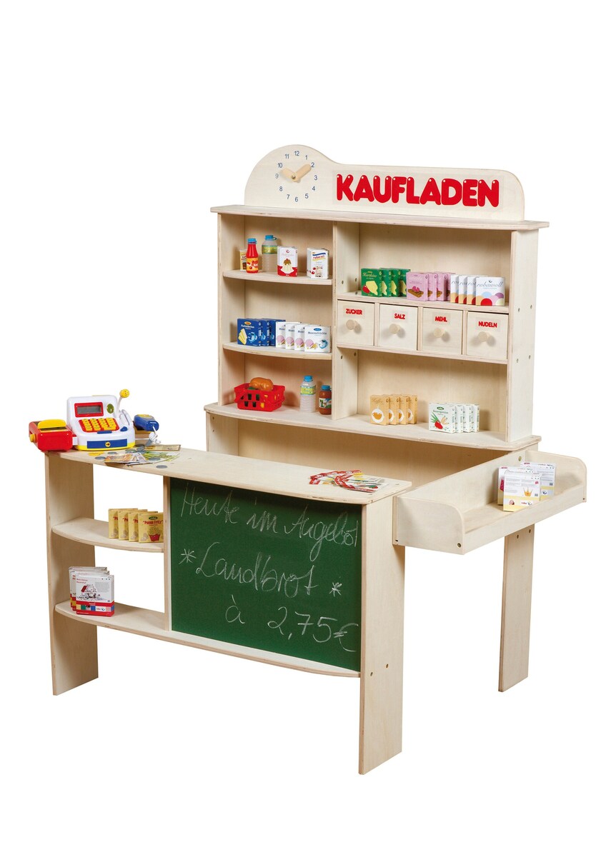 Lekebutikk i tre med 4 skuffer og klokke foran