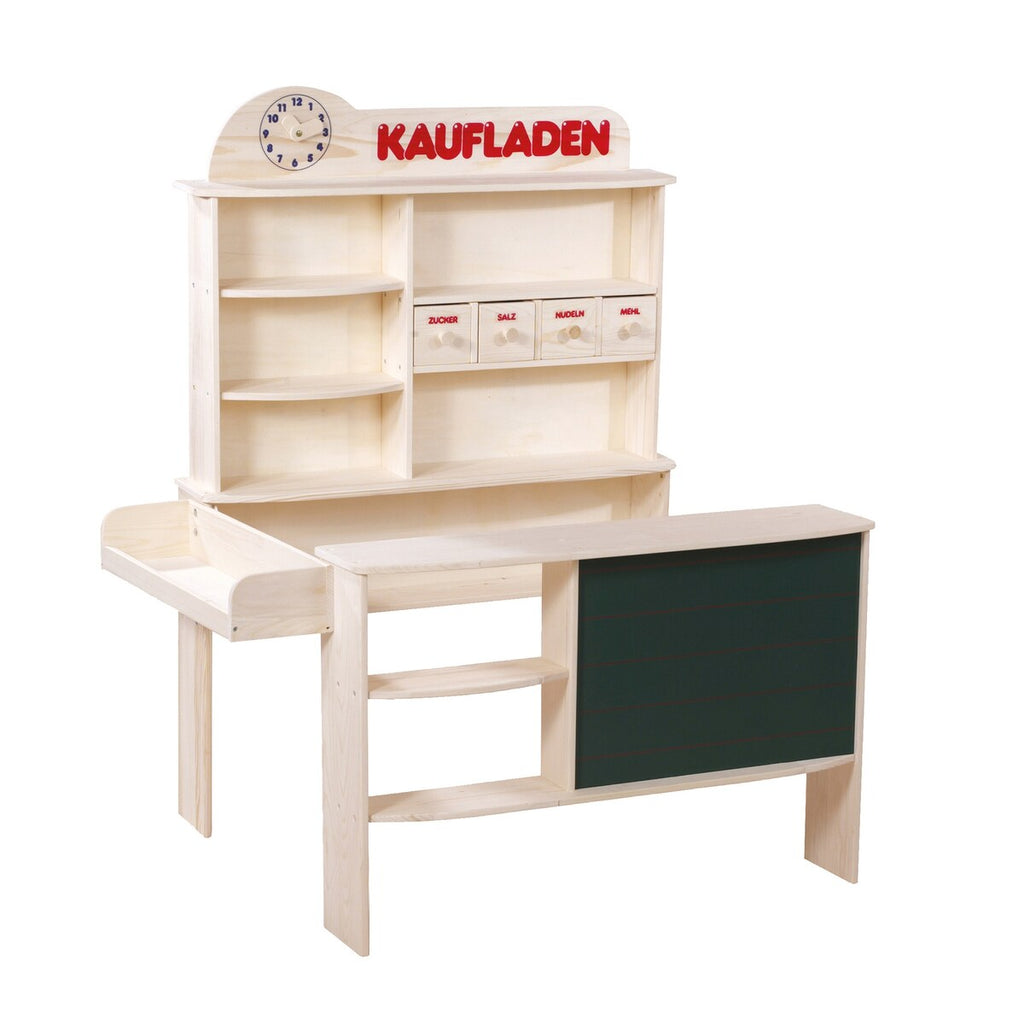 Lekebutikk i tre med tavle og 4 skuffer - roba forfra