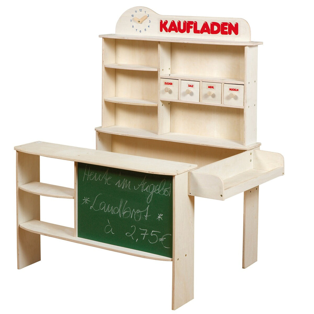 Bakside av lekebutikk i tre med tavle og 4 skuffer - roba
