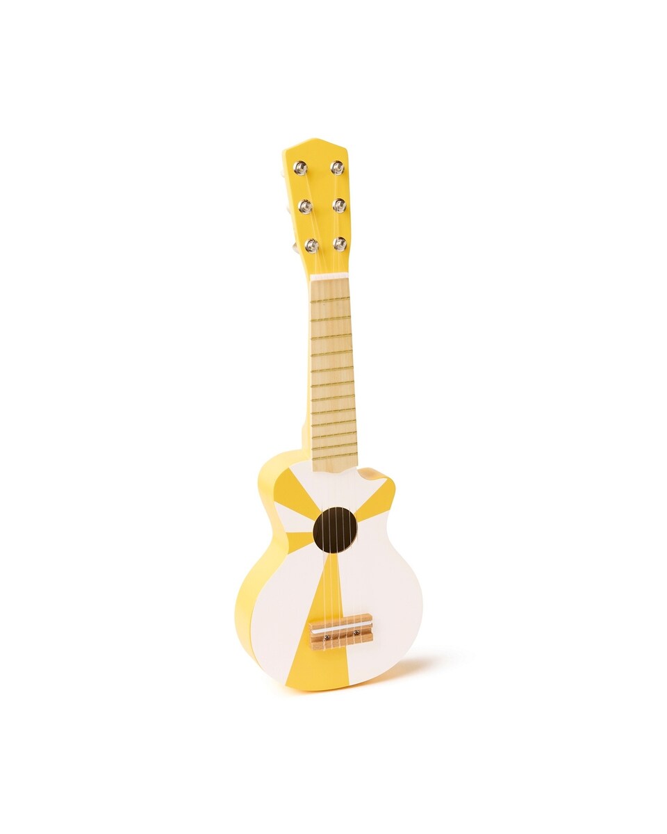 Lekegitar i tre gul/hvit 53,5 cm med 6 strenger forfra