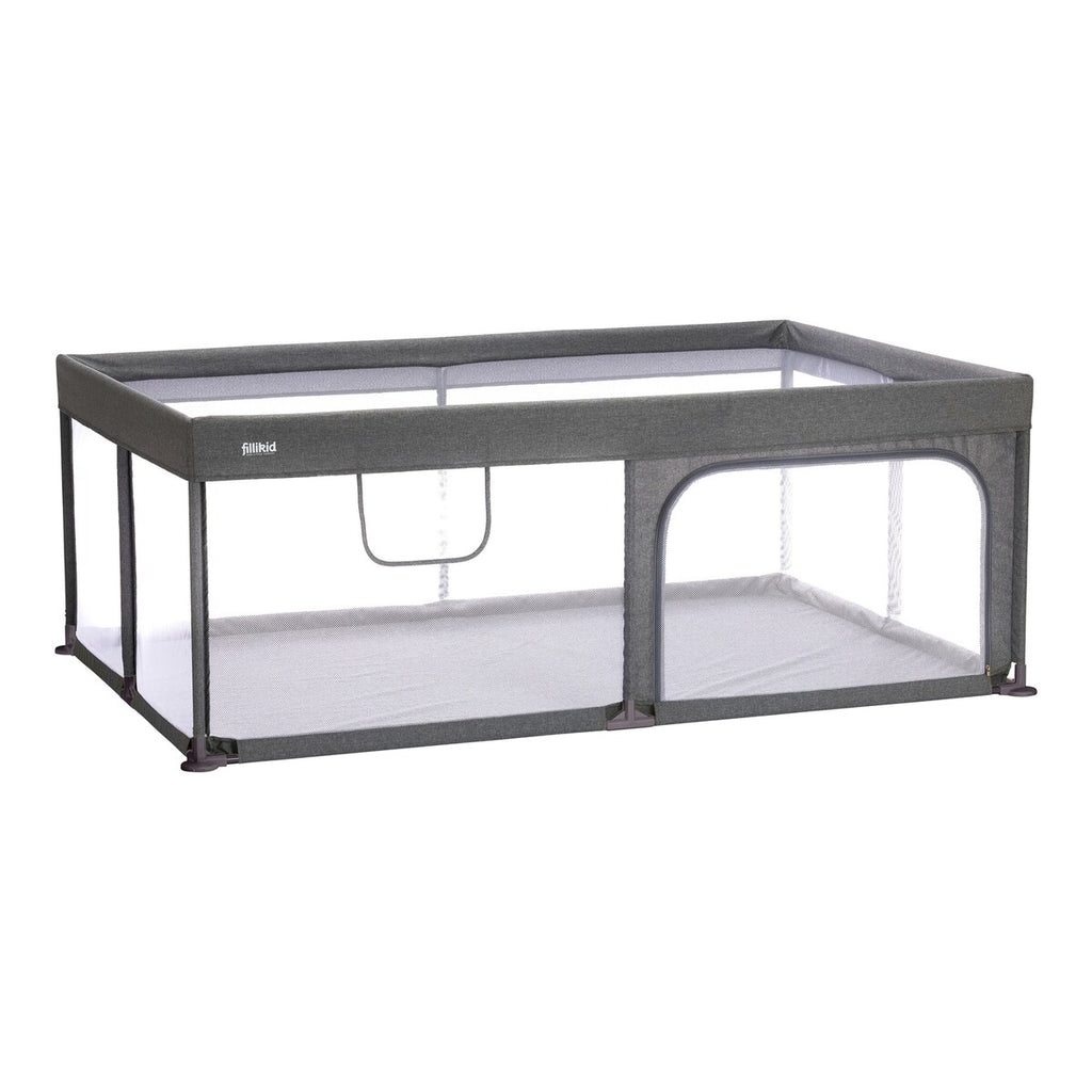 Lekegrind Rio XL med glidelås 180x120x68 cm grå montert i rom