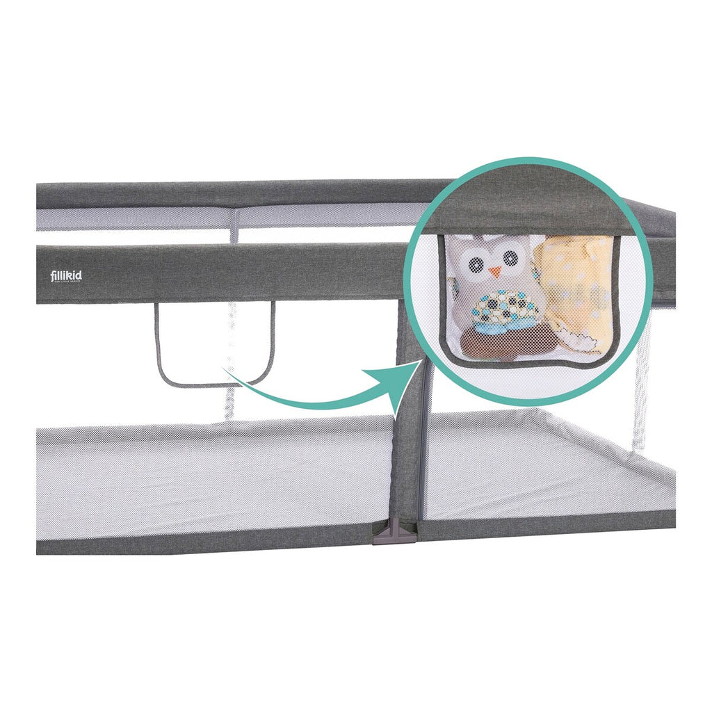 Nærbilde av nettmateriale på Lekegrind Rio XL med glidelås 180x120x68 cm grå