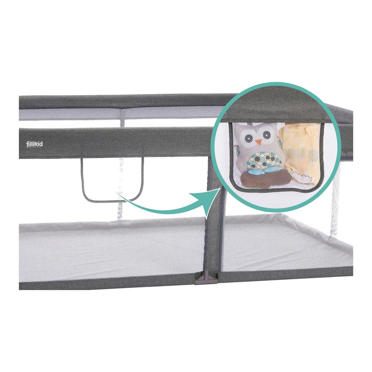 Nærbilde av nettmateriale på Lekegrind Rio XL med glidelås 180x120x68 cm grå
