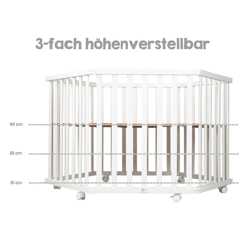 Sidevisning av Lekegrind sett 6-kantet med madrass Style grå
