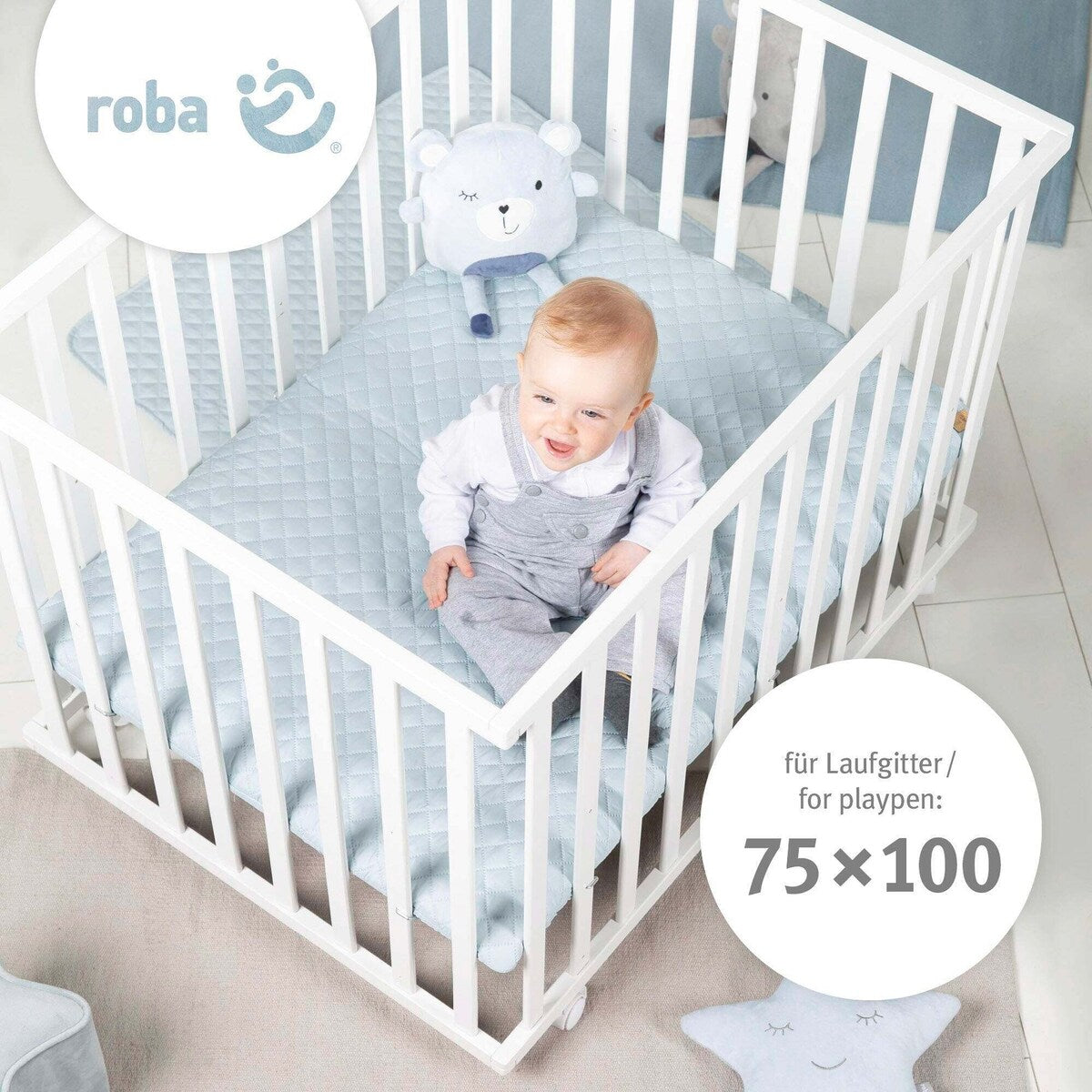 Baksiden av lekegrindmadrass rektangulær safe asleep® AIR roba