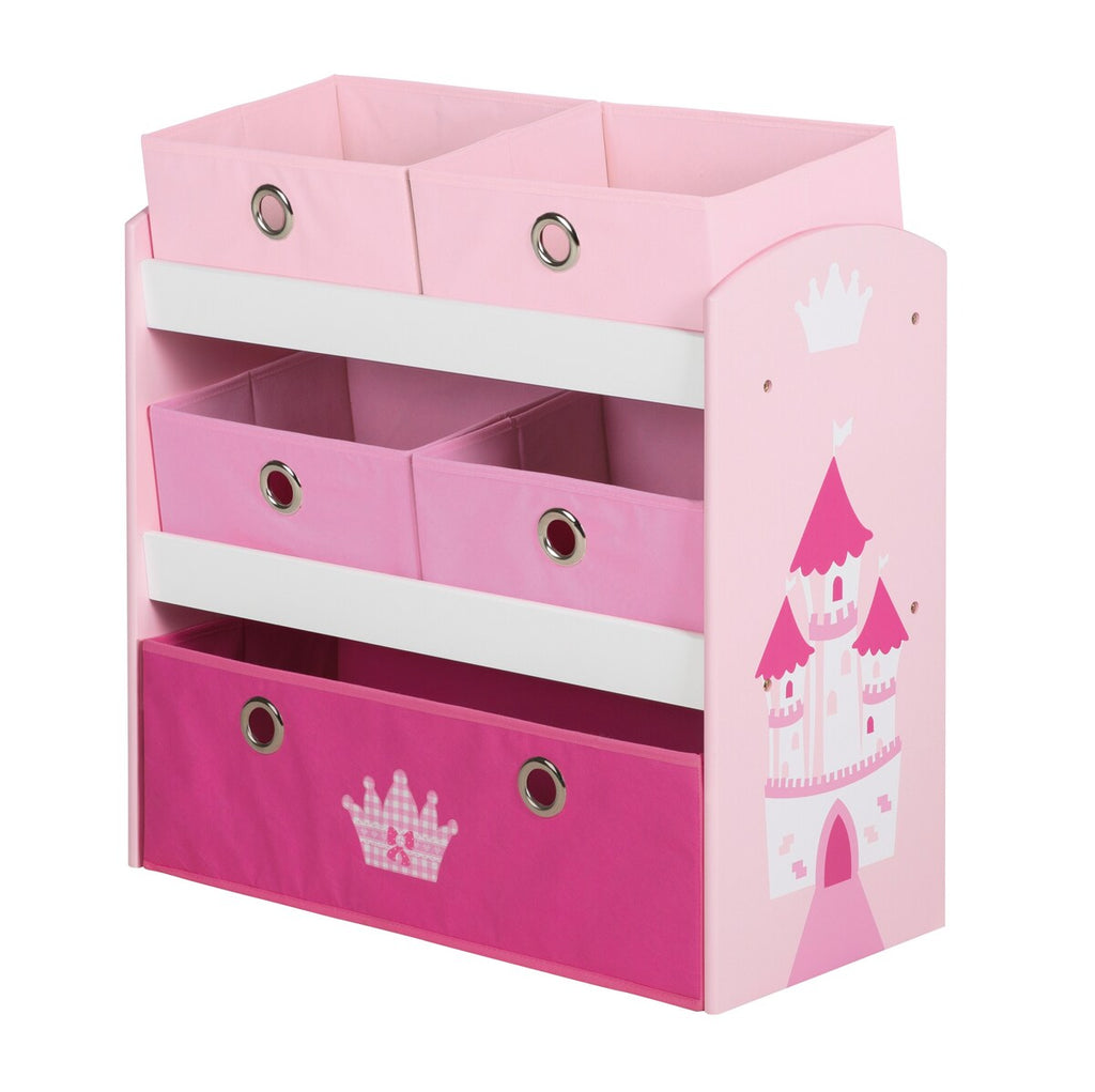 Lekehylle Krone rosa med 5 stoffbokser i lakkert MDF forfra